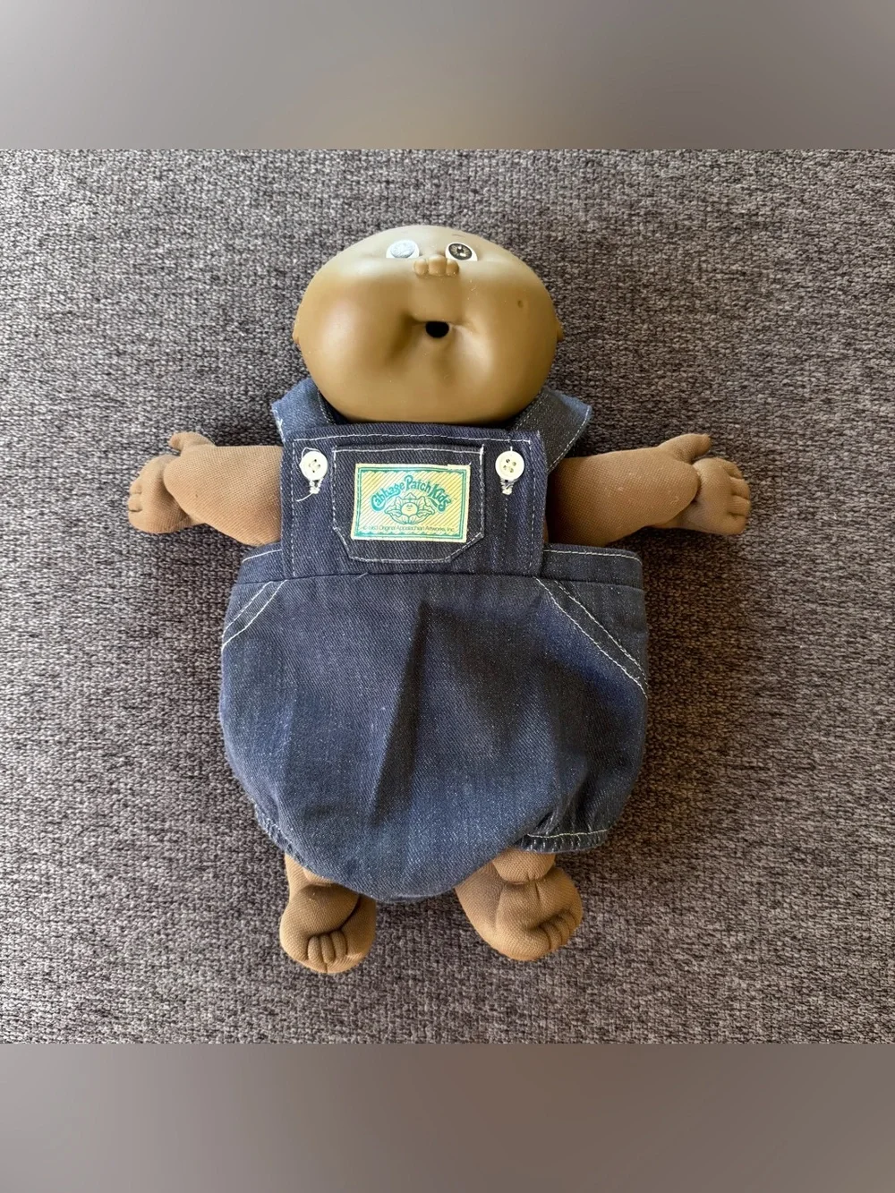 Cabbage Patch Kids Doll 1985 Brown Face Bald African American Blue Denim Overall